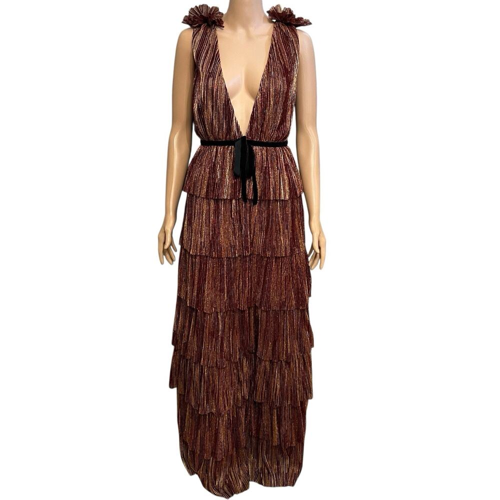 Dee Elly Tiered Metallic Maxi Dress M/L Plunging Plisse Party Wedding Guest